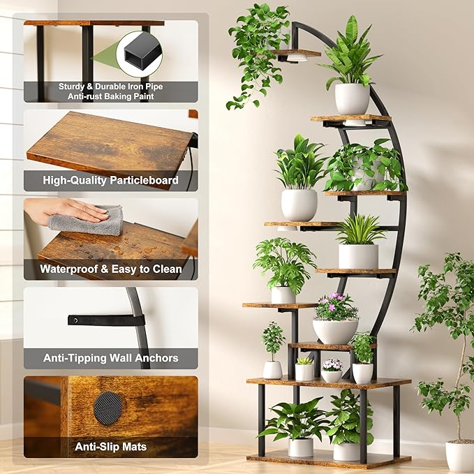 Plant Stand Indoor with Grow Lights, 9 Tier 63" Metal Plant Shelf for Multiple Plants, Tall Lighted Plant Shelves Corner Flower Holder, Half Curved Shape Plant Display Rack for Home Living Room Patio