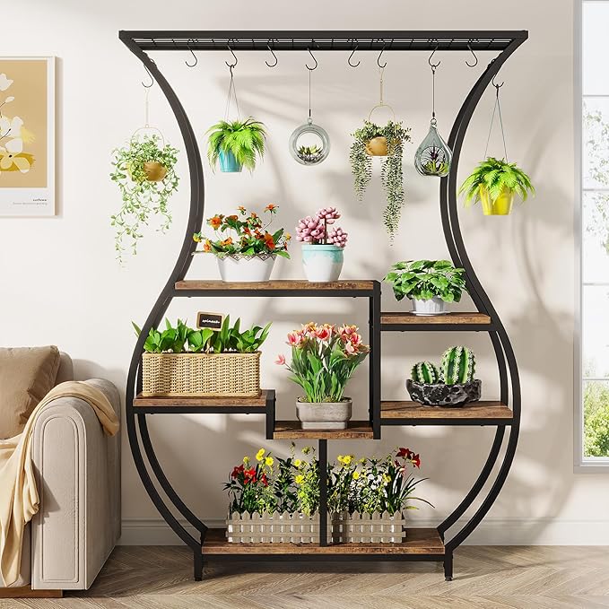 Tribesigns 6-Tier Plant Stand, 70.9 Inch Tall Plant Shelf with 10 Hanging Hooks, Vase Shape Ladder Plant Stand, Multi-Purpose Plant Display Rack for Indoor, Balcony, Living Room, Brown and Black