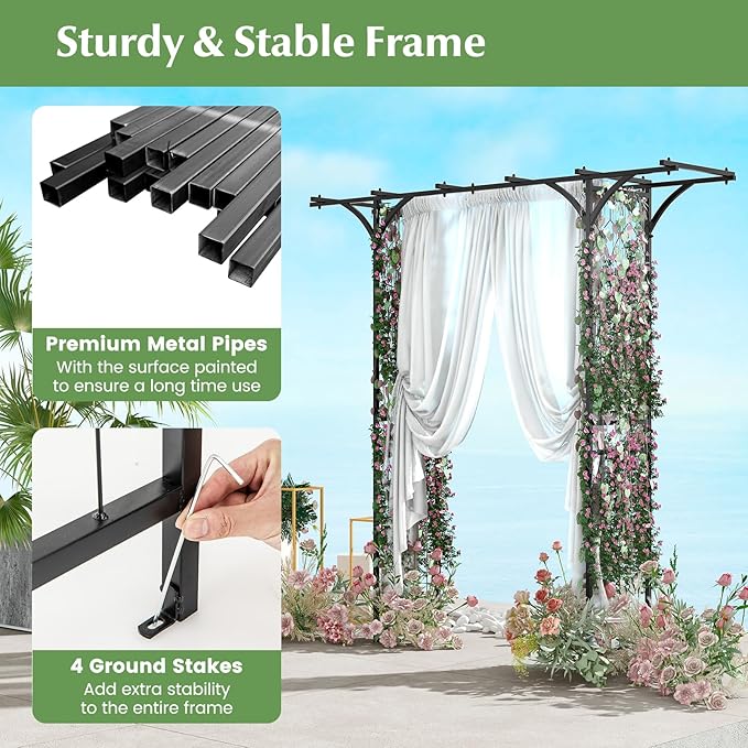 S AFSTAR Garden Arch Trellis Pergola, 6.8 FT Outdoor Metal Arbor w/Extended Top, 4 Ground Stakes, Plant Support Trellis for Climbing Plant Vine Rose, Garden Arbour Archway for Wedding Ceremony Party