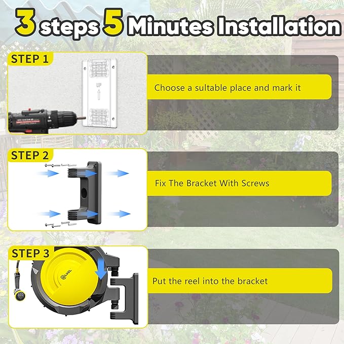SILVEL Retractable Garden Hose Reel – 1/2 in x 150FT Heavy Duty Automatic Hose Reel Wall Mounted, UV Resistant with 10 Pattern Nozzle, Any Length Lock & Slow Return System, 180°Swivel Bracket, Yellow