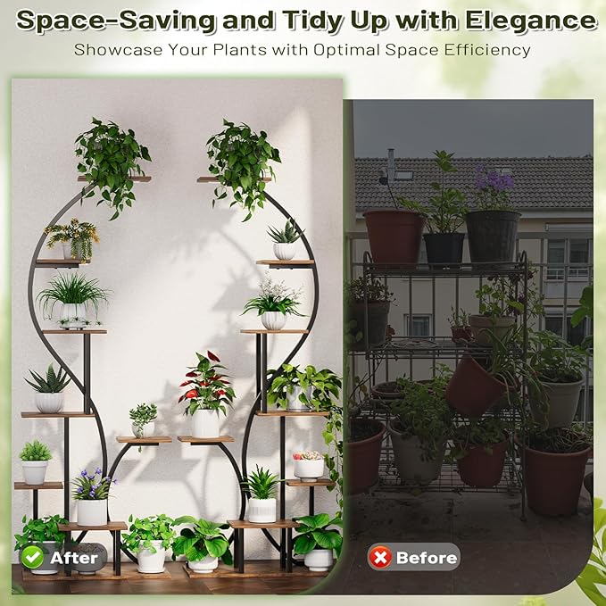 Plant Stand Indoor with Grow Lights, 2 Pack Tiered Indoor Plant Shelf, 65" Tall Plant Rack Flower Display Shelves, S-Shaped Metal Plant Flower Holder with Adjustable Brightness & Timer for Home, Patio
