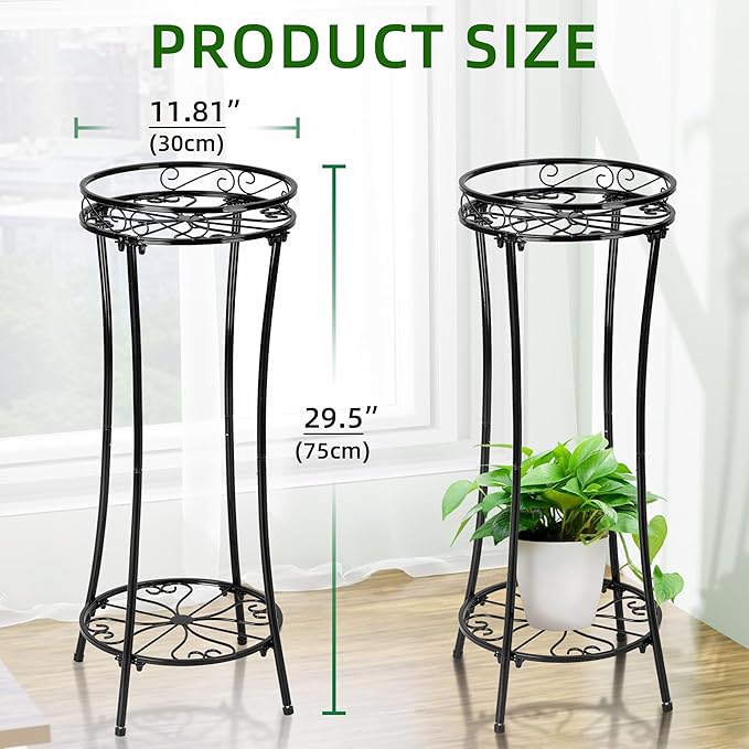 Plant Stand Indoor Outdoor 2 Tier 29" Tall Metal Heavy Duty Rustproof Plant Shelf, Round Multi Tier Flower Pot Holder for Garden Patio Balcony, Black