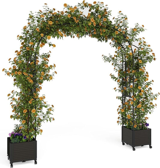 94.5 Inch Garden Arch Trellis with 2 Planter Boxes for Climbing Plants, PE Coated Metal Wedding Arch Arbor with Planter Box for Outdoor Decor, Party Backdrop & Flower Support