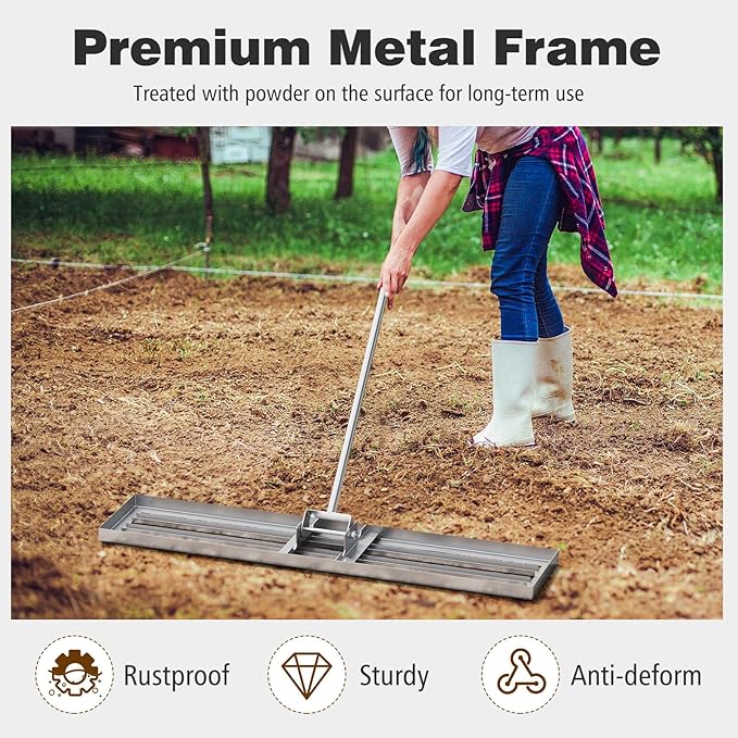 46" x 10" Lawn Leveling Rake, Heavy Duty Landscape Rake with 67" Handle, Non-Slip Grip & Flat Head, Space-Saving Lawn Level Tool for Garden, Backyard, Golf Course & Sports Field(Silver)