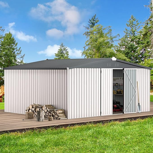 AECOJOY 12' x 14' Outdoor Storage Shed, Large 14x12 Metal Sheds & Outdoor Storage Clearance Steel Yard Shed with Lockable Doors, Utility Tool Storage Garden Shed for Backyard, Patio and Outside use