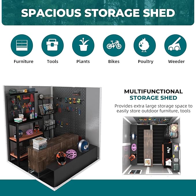 6x6 FT Storage Shed Garden House with Lockable Doors and Vents Waterproof Resin Outdoor Tool Cabinet W/Floor & Window,for Bicycles,Lawnmowers,Lawn,All Weather Use,Gray