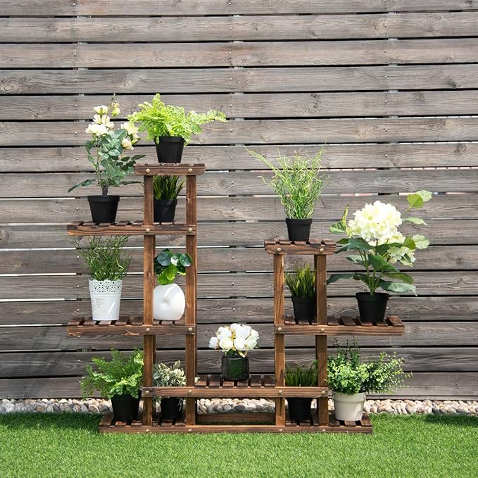 Giantex Flower Rack Wood Plant Stand 7 Wood Shelves 13 Pots Bonsai Display Shelf Indoor Outdoor Yard Garden Patio Balcony Living Room Multifunctional Storage Rack Bookshelf W/Hollow-Out Rack