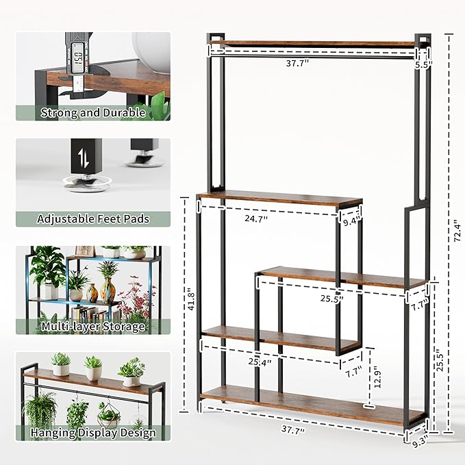 Large Plant Stand Indoor with Grow Light , 72" Tall Metal Plant Shelf, 5 Tiers 12 Pots Holder, Heavy-Duty Rectangle Display Rack for Living Room, Patio, Corner