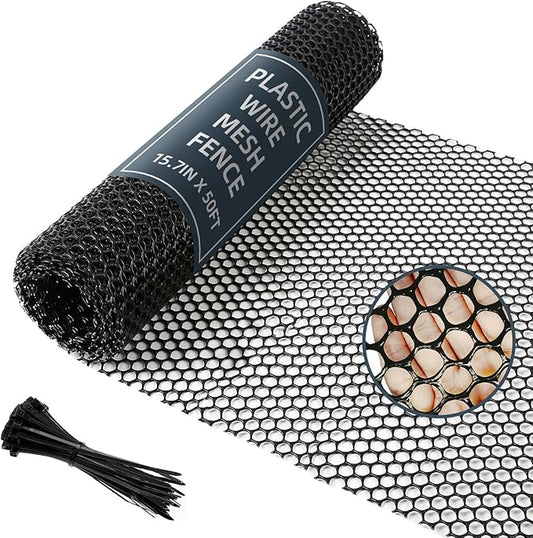 Plastic Wire Mesh Fence, 15.7IN x 50FT Versatile Fencing Netting for Poultry and Animal Barrier With 150 Zip Ties - Garden & Farm, Black