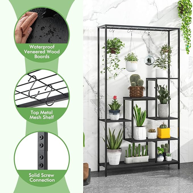 Giantex 71" Tall Plant Stand Indoor, 6-Tier Metal Plant Shelf with 10 Hanging Hooks, Multiple Potted Flower Bonsai Pots Display Rack for Indoor, Balcony, Living Room (Black)