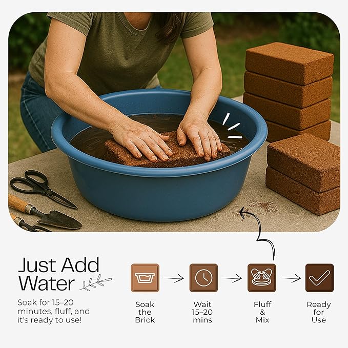 Premium Coco Coir Bricks 6 Pack - Lightweight Cocopeat for Garden Soil, Compressed Coconut Fiber Brick for Potting, Gardening, Planting, Seed Starting, Indoor & Outdoor Plants, Set of 6