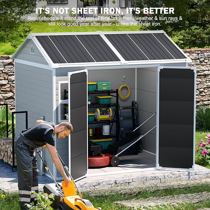 CDCASA 8x6 FT Resin Storage Sheds with Floor Included, Waterproof Large Outdoor Sheds & 2 Windows,Outside Plastic Tool Shed for Backyard Garden Patio Lawn Poolside