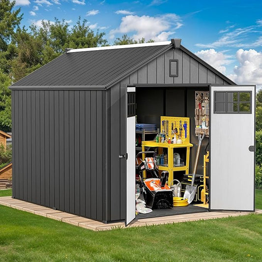DWVO 8x10 FT Outdoor Storage Shed, 544 cuft Plastic Storage Shed with Floor & Lockable Door, All-Weather Tool Garden Shed with Window & Vent for Patio Furniture, Lawn Mower, Bike, Pool Supplies, Gray