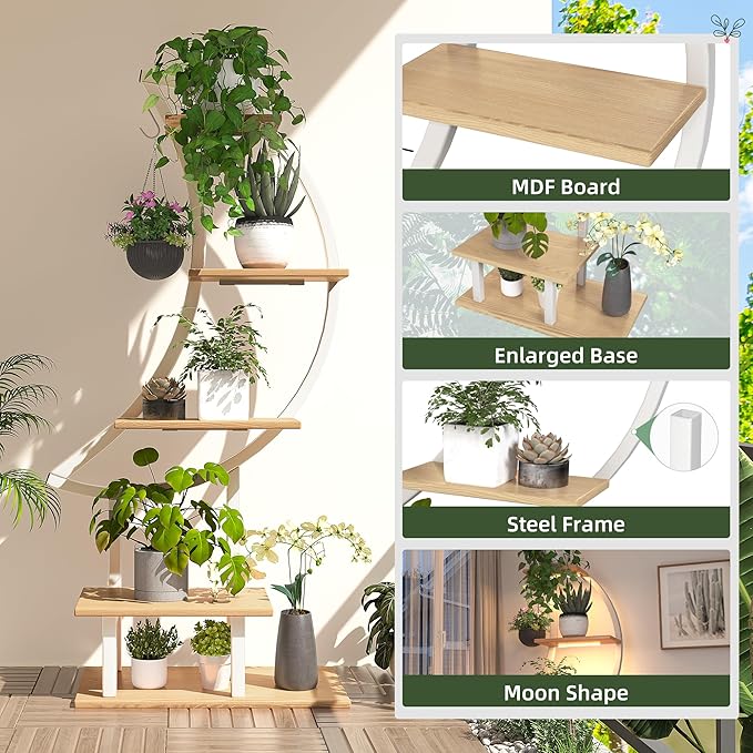 YOLENY Indoor Plant Stand with Grow Lights, Tall Corner Shelf for Multiple Plants, 47" Metal Rack with Hanging Hook for Living Room, Balcony, Patio