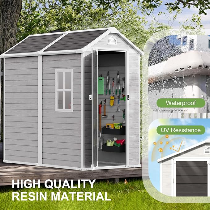 6x4 FT Outdoor Storage Shed, Waterproof Resin Shed with Floor & Lockable Door & Window & Vents, Plastic Tool Shed for Backyard, Patio, Poolside, All Weather Use,Dove Grey