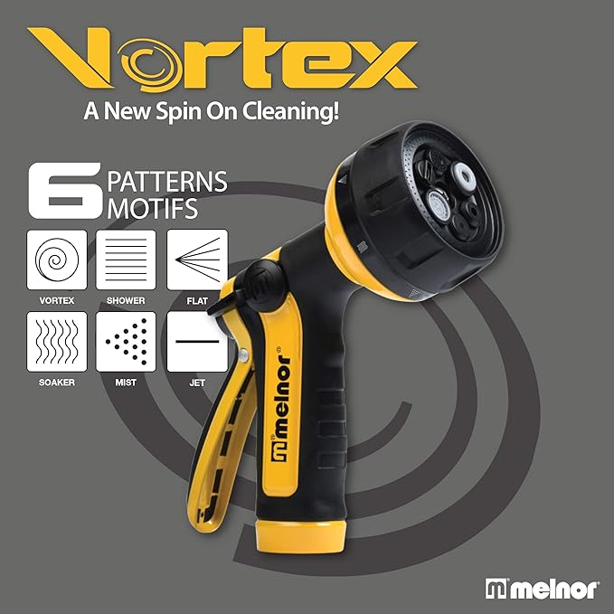 Melnor 65112-AMZ 6-Pattern Vortex Water Hose Sprayer Nozzle, QuickConnect Product Adapter, Black, Yellow, Slip Resistant Outdoor Hose Nozzle Sprayer for Watering Plants, Lawn, Car Washing, Patio, Pet