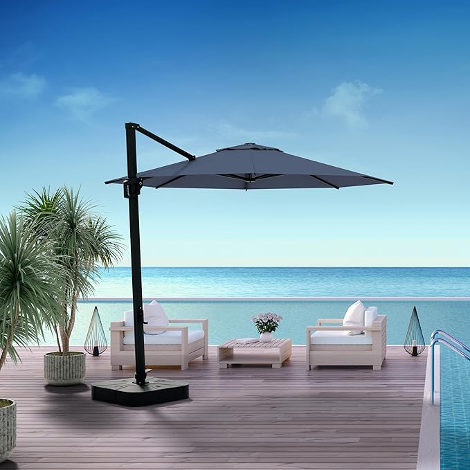 Midtown Umbrellas 10 Ft Outdoor Cantilever Patio Umbrella w/Terylast Light Navy Fabric - Rotate Tilt 360° Offset Patio Umbrella, Deck Patio Umbrella, Backyard Umbrella & Garden Umbrella - Black Frame