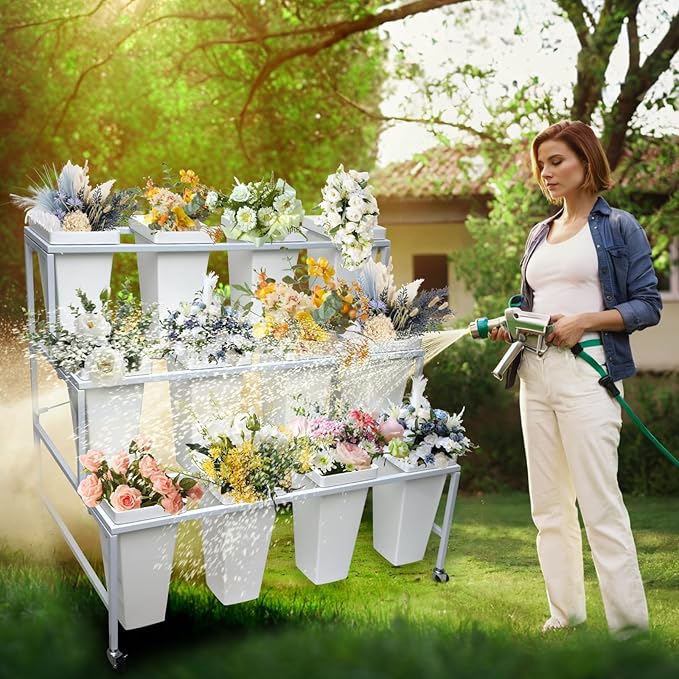 Flower Display Stand with Buckets, 3 Layers 12PCS Buckets Metal Flower Cart Display Stand with Wheels, for Patio Garden, Living Room (3 Layers White Square Bucket)