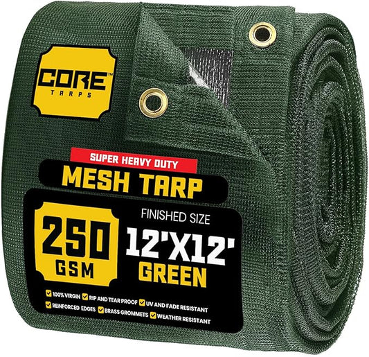 Core Tarps 60% Green Shade Cloth with Grommets - 12 X 12 FT Heavy Duty Mesh Tarp - Sun Shade Cloth for Garden Vegetables Plants Greenhouse Outdoors Backyard Fences Dump Trucks Patio Mesh Shade Tarp
