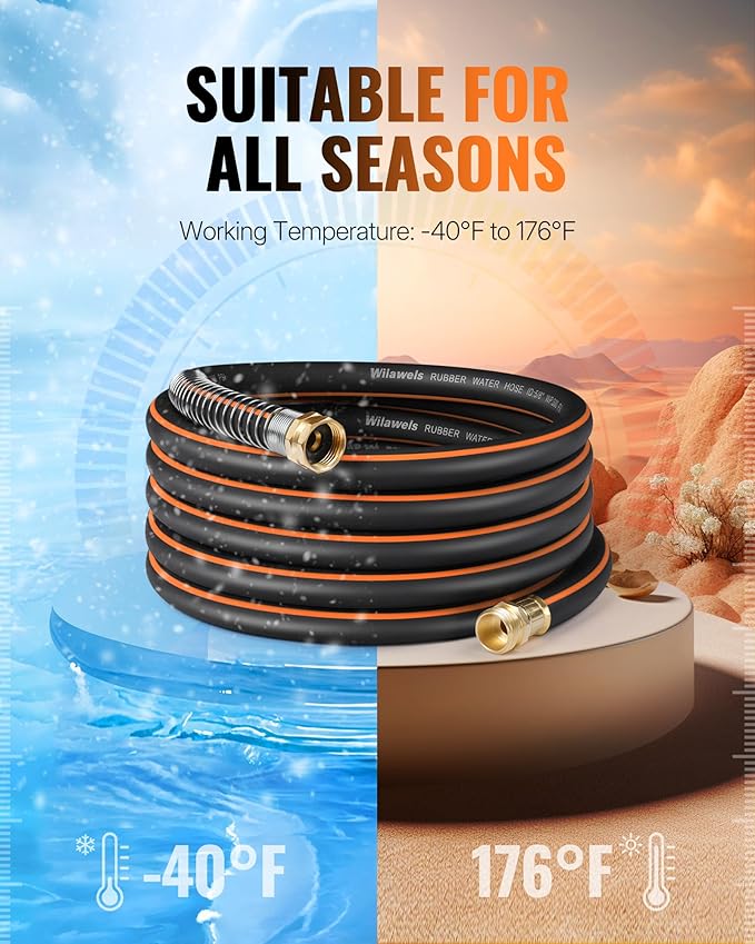 30FT x 5/8" Rubber Garden Hose, Heavy Duty Garden Water Hose, 300 PSI Working, 1000 PSI Burst, Swivel Handle with Stainless Steel Ring, 5-Layer Braided, All-Weather Outdoor Use, BG30GH06