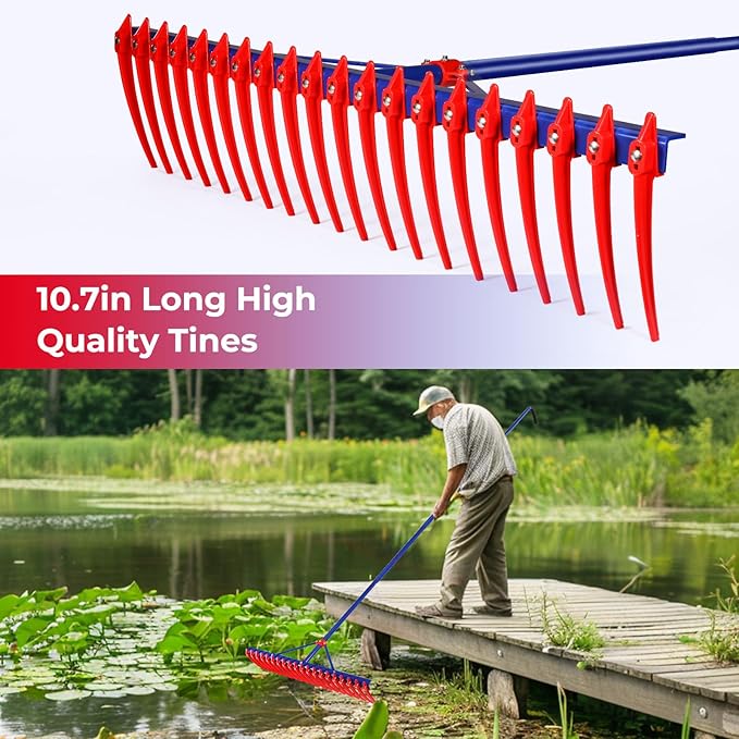 40" Extra-Large Heavy Duty Lake Weed Rake for Ponds with 11" Long Plastic Tines, 11ft Commercial-Grade Aquatic Weed Removal Tool, Deep Water Weed Cleaner for Large Aeras, Ergonomic Handle.