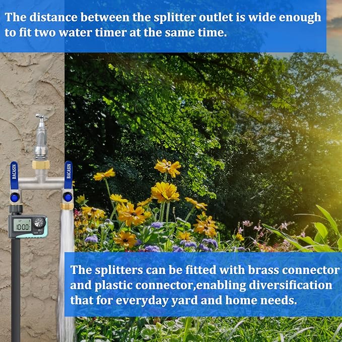 Brass Garden Hose Splitter 2-Way Heavy Duty - 3/4" GHT Threads with 2×304 Stainless Steel Handles, High Flow Design for Efficient Water Distribution