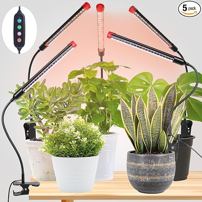 5-Pack Clip Grow Lights for Indoor Plants with Timer 4,8,12 Hr, 9W Power Home Plug, FECiDA 2025 Brightest Mini LED Grow Light for Bonsai, Pot Plants, Small Full Spectrum Plant Growing Lamps