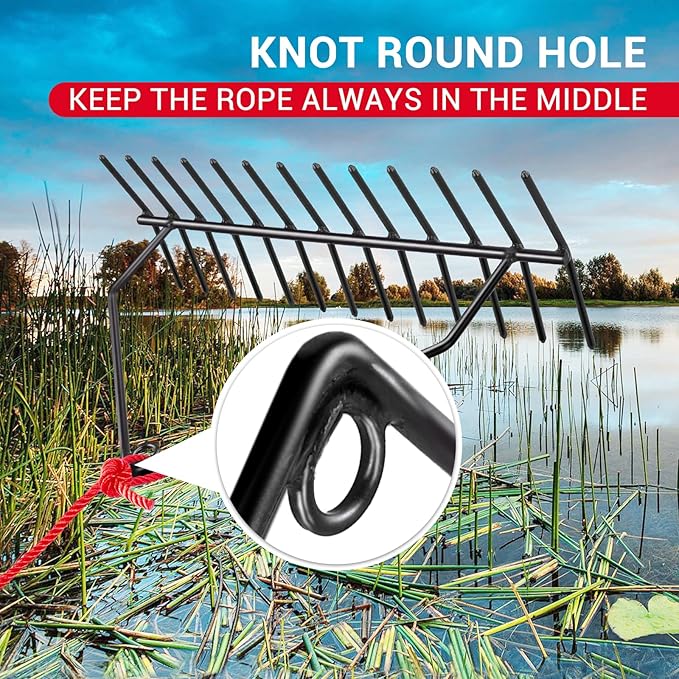 32" Aquatic Weed Rake, No Assembly Required, 8.6" Steel Rod Lake Weed Cutter, One-Piece Welding, Lake Weed Rake for Pond Beach Landscaping, Perfect Tie Hole, 30ft Thicker Rope and Net, Black.