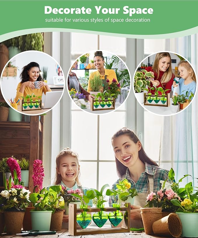 Nacome Plant Terrarium Propagation Stations: Christmas Gifts for Plant Lovers Women Mom Wife - Wooden Stand Tabletop Planter 3 Bulb Glass Vase Heart Shaped for Hydroponics Indoor Home Decor(Green)