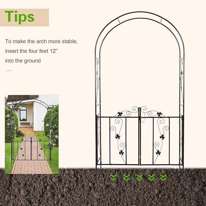 Outdoor Garden Arbors with Gate Door 7’ H x 3’7’’ W Metal Garden Arch Plants Growing for Wedding Party