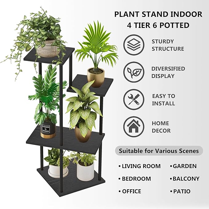 Plant Stand Indoor, 4-Tier Modern Plant Shelf for Multiple Plants, Wood Metal Flower Holder for Living Room Balcony Bedroom, Black
