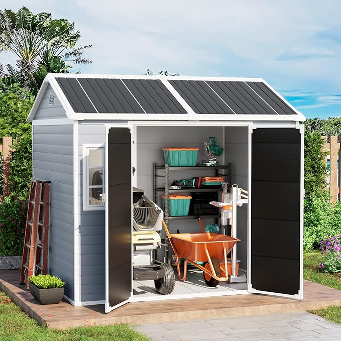 6x8 FT Plastic Storage Sheds Outdoor with Floor and Openable Window, Utility All-Weather Resin Shed Easy to Install, Large Sheds & Outdoor Storage/Tool Shed for Garden & Backyard, Gray