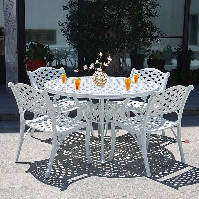 48" Round Patio Table for 6-8 Person Cast Aluminum Bistro Table with 2.36" Umbrella Hole,Metal Outdoor Dining Tables,Wrought Iron Patio Bistro Table,White Patio Table.
