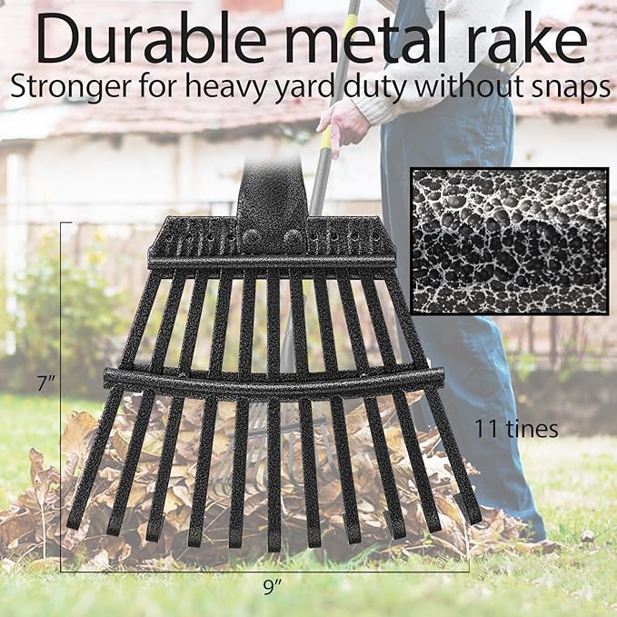 Rake for Leaves, 11 Tines 9" Wide Metal Leaf Rake with 32 Gallon Lawn and Leaf Bags & Scoops for Garden Adult Kids Lawn Shrub Yard Landscape Heavy Duty Long Handle 30-60