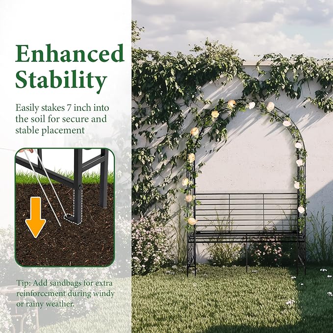 Garden Arbor with Garden Bench, 7FT Wedding Arches for Ceremony, Metal Arbor Trellis for Climbing Plants Outdoor, Black Garden Archway for Lawn, Patio and Backyard