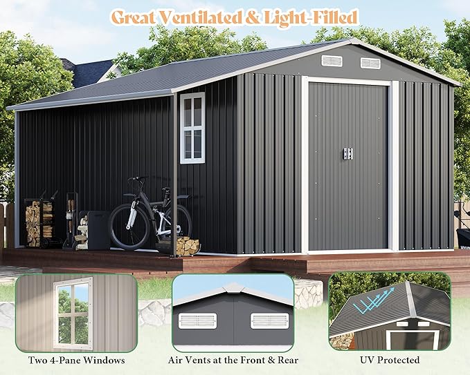 AMERLIFE 10.6x10.3x6.3 FT Galvanized Metal Storage Shed with Open Firewood Storage Area, Sliding Doors & Ramp, 2 Windows & Vents, Weather-Resistant Outdoor Tool/Yard Shed, Dark Gray