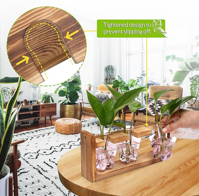 Glass Plant Propagation Station Butterfly Vases for Plants Birthday Gifts for Women Mom Office Home Decoration with Wooden Stand