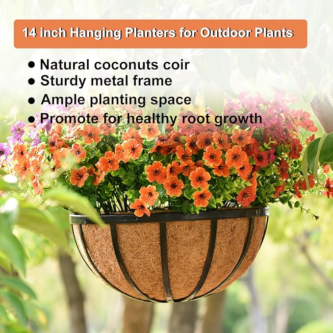14 Inch Black Flat Iron Metal Hanging Planter Basket with Coco Coir Liner(4 Pack) Hanging Planters for Outdoor Plants Hanging Baskets for Plants Flower Pots for Deck Patio Porch Garden Balcony