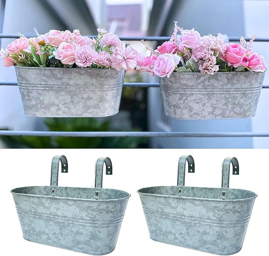 LaLaGreen Outdoor Plants Rail Planter (16 Inch, 2 Pack) Silver Metal Iron Hanging Flower Pot Deck Railings Fence Bucket Modern Boho Style Wall Mount Window Box Plant Wall Hanger Hooks Porch Home Decor