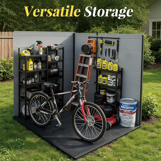 4x8ft Lean to Shed, Resin Outdoor Storage Shed with Floor and 2 Windows, Plastic Sheds & Outdoor Storage Clearance for Patio Furniture, Garden Tools Bike Accessories, Beach Chairs, Black+Grey