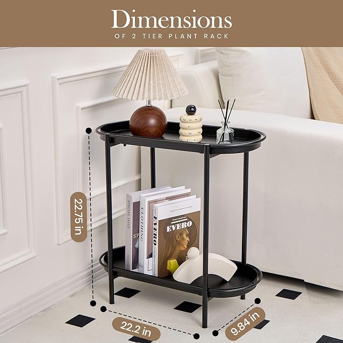 Large Metal 2-Tier Plant Stand – Sleek Black Indoor/Outdoor Flower Pot Shelf with Oval Trays, Space-Saving Modern Storage Rack for Plants, Decor, or Small Furniture Accent