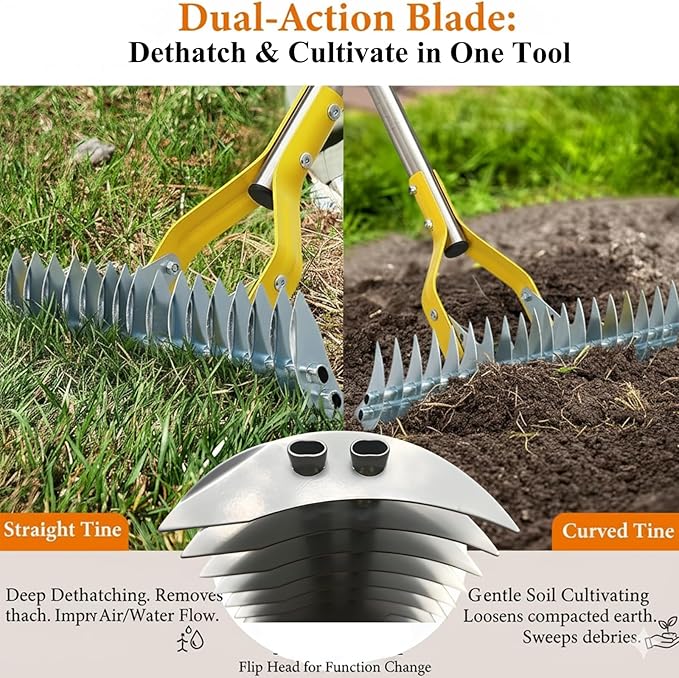 Thatch Rake for Lawns - 15in Dual-Action Dethatching Rake with 70'' Handle, Heavy Duty Manual Dethatcher & Scarifier Tool for Dead Grass,Moss,Weeds,Thatching Remover,Garden Yard Soil LooseningThatcher