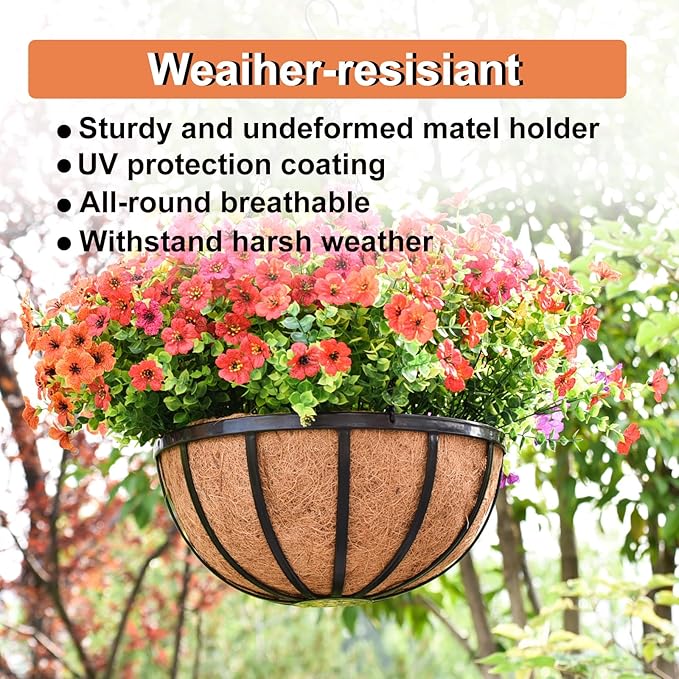 14 Inch Black Flat Iron Metal Hanging Planter Basket with Coco Coir Liner(4 Pack) Hanging Planters for Outdoor Plants Hanging Baskets for Plants Flower Pots for Deck Patio Porch Garden Balcony