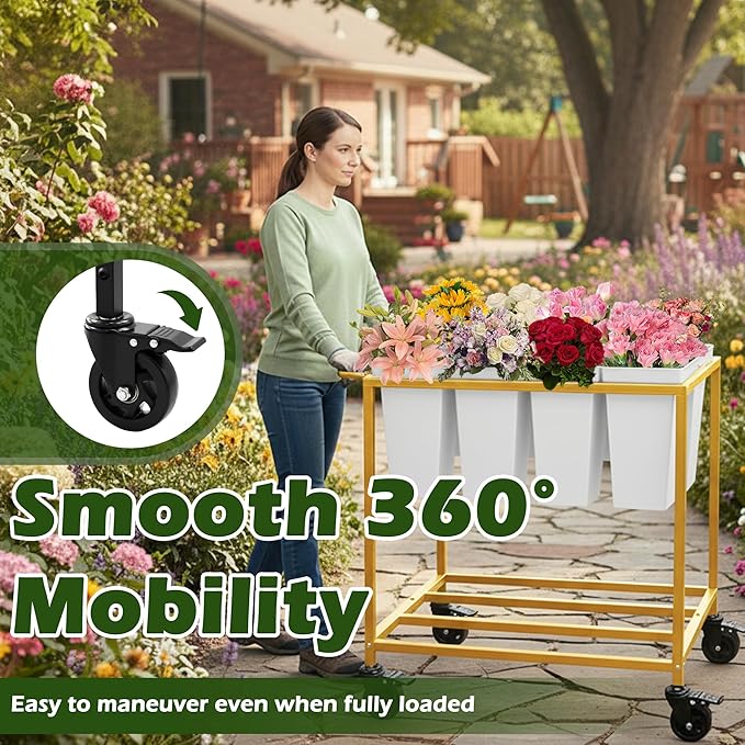 Flower Cart with 8 Buckets,Flower Cart Display Stand with Wheels,Bloom Bar,Flowers Stand for Wedding ,Party and Home Decor,Gold