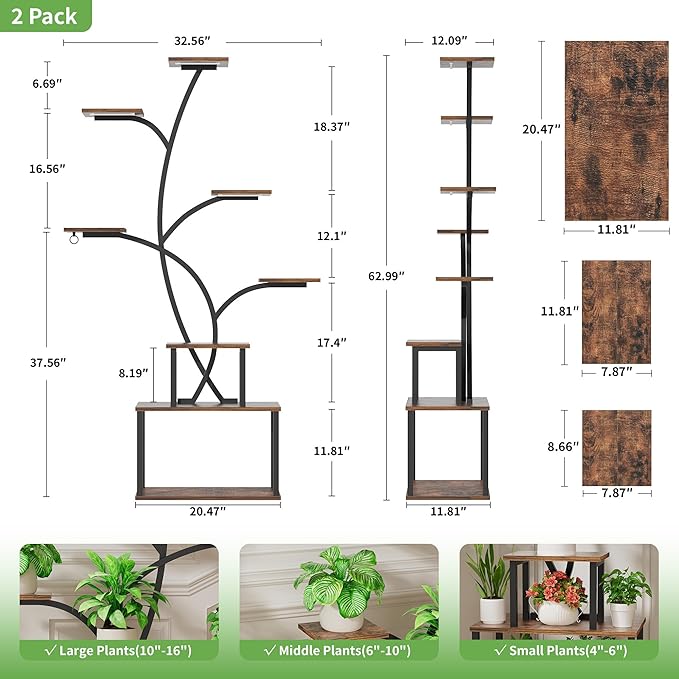 Plant Stand Indoor with Grow Lights - Large Plant Shelf Indoor, 63" 8 Tier Tall Plant Stands for Multiple Plants, 2 Pack Lighted Corner Flower Shelf, Tree-Shaped Metal Holder for Living Room, Black
