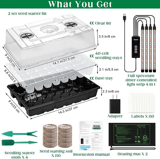 2 Set Seed Starter Kit 40-Cell Seed Starter Tray with Grow Light Full Spectrum Seedling Heat Mat 40 Peat Pellets Seed Starting Soil Plant Label Garden Tool for Germination Seeds Growing, Black
