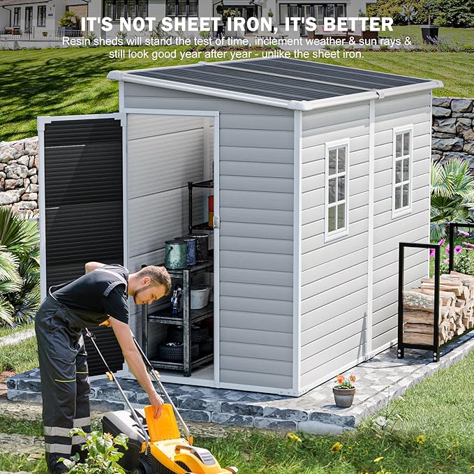8x4 FT Resin Lean to Shed, Waterproof Outdoor Storage Shed with Floor, Adjustable Openable Window, Lockable Door & 2 Windows, Tool Shed for Patio Garden, Lawn, Backyard, Dove Grey