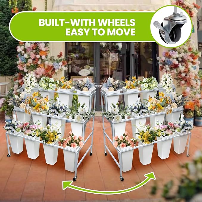 Flower Display Stand with Buckets, 3 Layers 12PCS Buckets Metal Flower Cart Display Stand with Wheels, for Patio Garden, Living Room (3 Layers White Square Bucket)