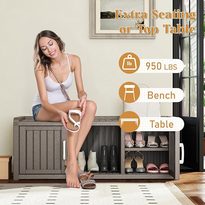 KAMABOKO Shoe Storage Cabinet Waterproof UV-Resistant, Entryway Storage Bench Indoor Outdoor with 2 Doors, Adjustable Shelves for Entryway, Bedroom, Hallway,Living Room(Grey)