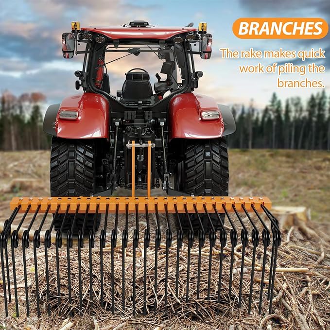 60" Durable Powder Coated Steel Pine Straw Rake, Steel Spring Landscape Rake for Leaves, Pine Needles, Straw, and Grass Attaches to Cat 0 Cat 1,3 Point Hitch Tractor, Yellow